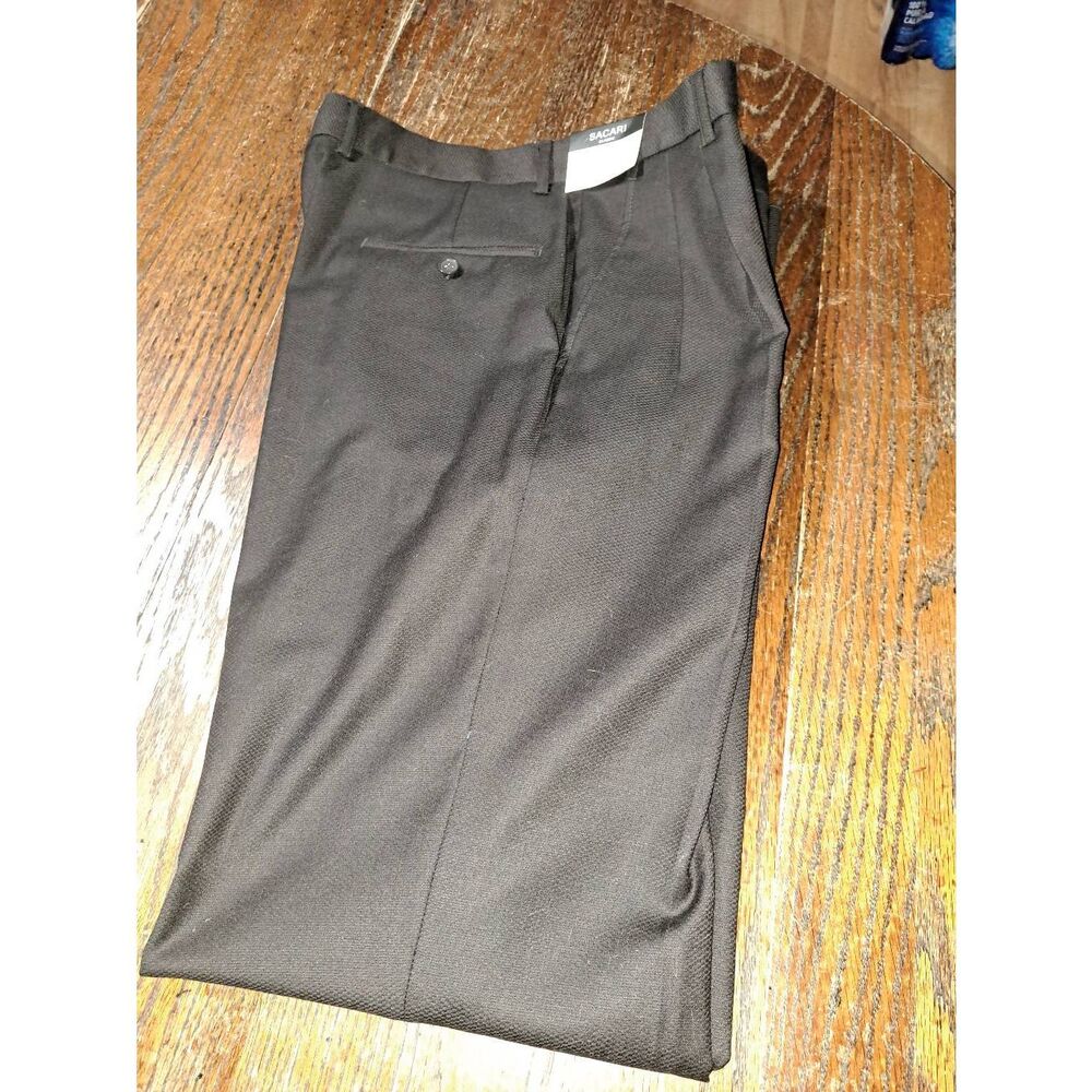 New 34W Sacari Brown Shark Skin T29 Wool Dress Suit Pants Untailored Not Hemmed